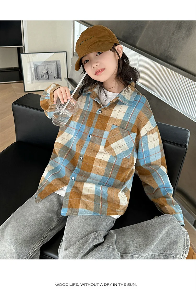 Koreanischer Stil, langärmliges kariertes Hemd für Teenager-Mädchen mit Tasche, neue Mode-Streetwear-Oberbekleidung für Kinder, Baumwollbluse für Kinder im Alter von 5-14 Jahren. – Detail 7