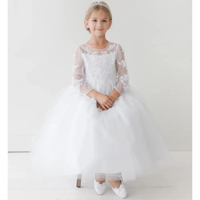 

White Flower Girl Dresses Tulle Flower Appliques With Bow Long Sleeve Fit Wedding Birthday Banquet First Communion Gowns