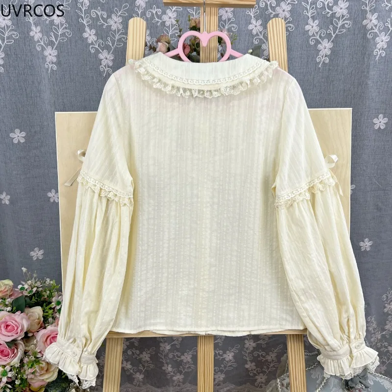 Kawaii Cute Lolita Style Shirts Women Japanese Victorian Retro Elegant Lace Patchwork Bow Blouses Female Elegant Cute Inside Top