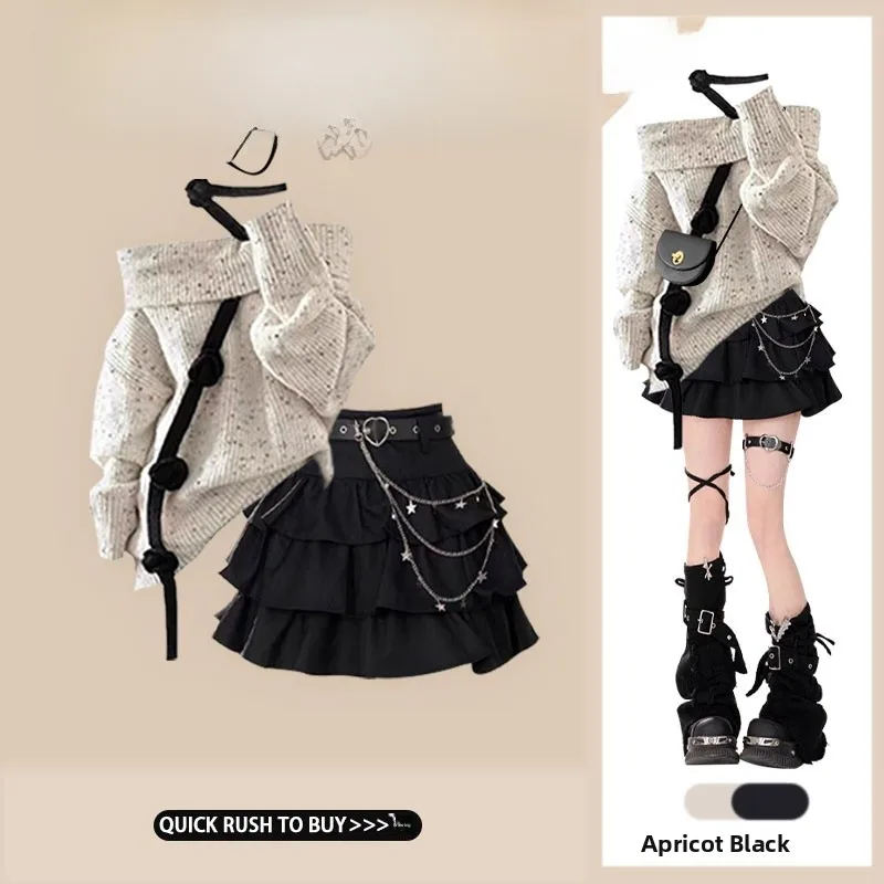 

Early Autumn Lazy Style Loose Shoulder Sweater Women's Short High Waist Slimming Puffy Skirt Two-Piece Set Fashionable Casual...