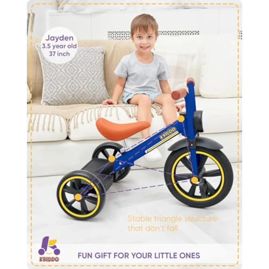 Tricycle à roue sans perforation de 12 pouces pour 2 à 5 ans avec éclairage avant et siège réglable bleu