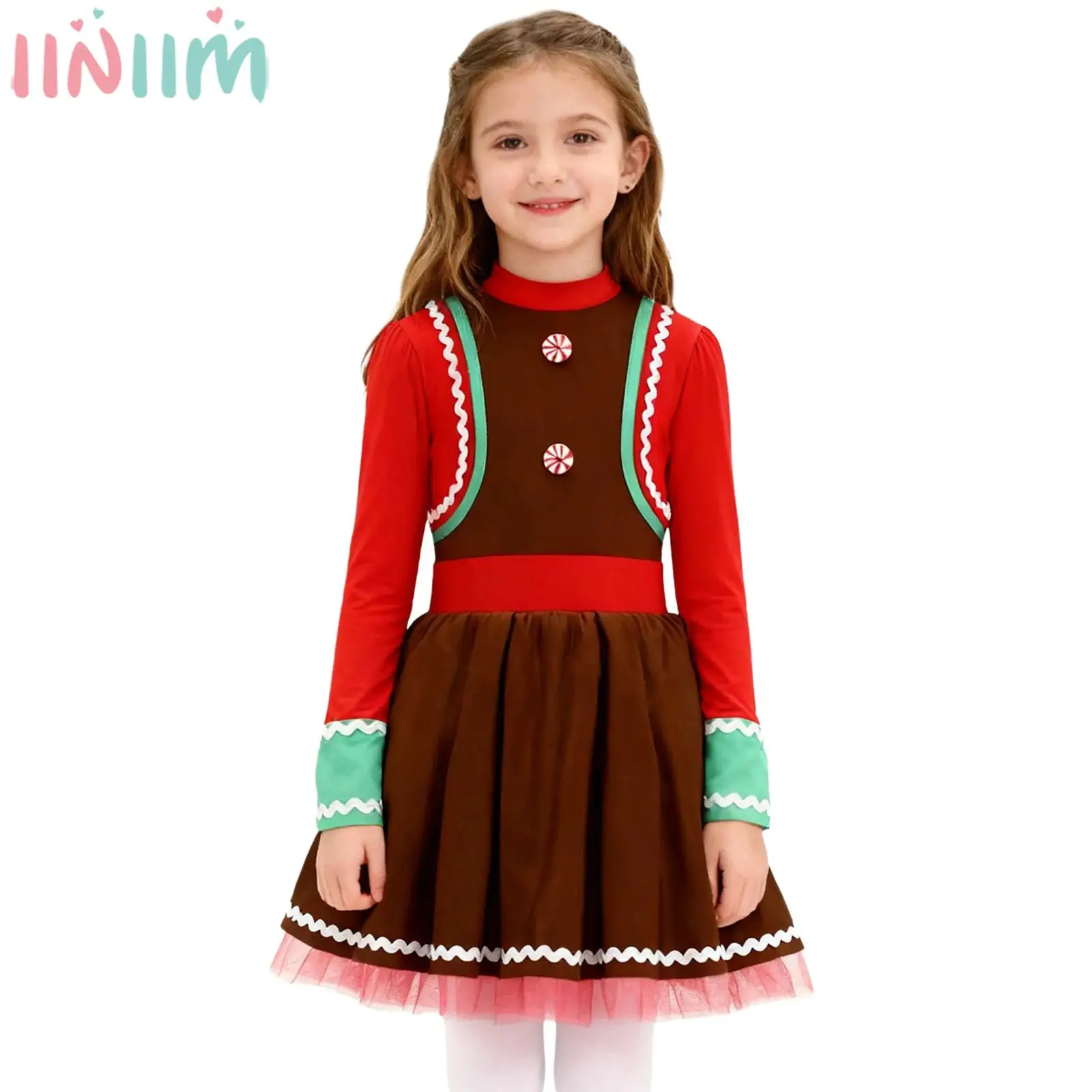 Children Girls Christmas New Year Party Gingerbread Man Cosplay Costume Long Sleeve Wave Braided Mesh Xmas Dress Leotard Tutu