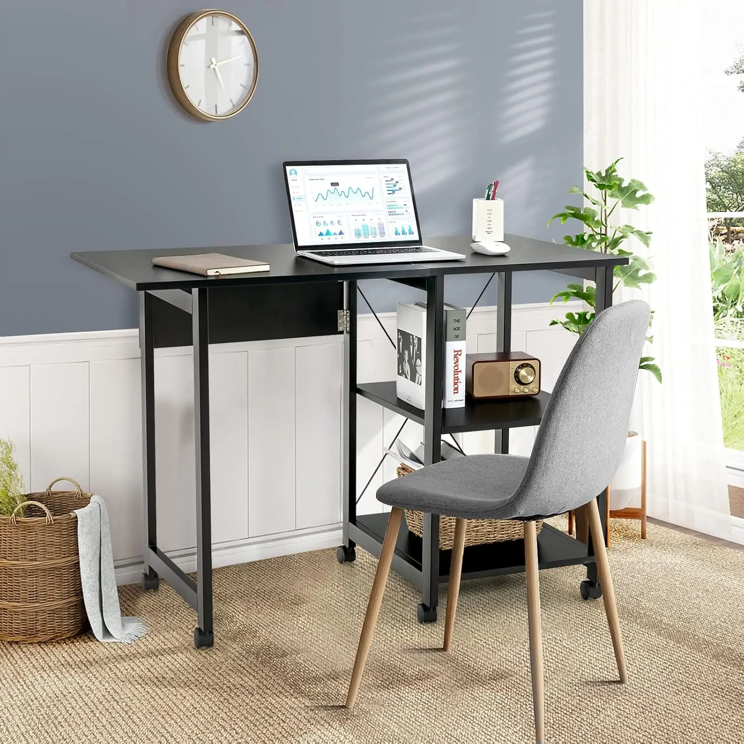 Folding PC Laptop Desk on Wheels with 2-Tier Storage Shelves,Space-Saving Modern Writing Table for Small Apartment Home Office