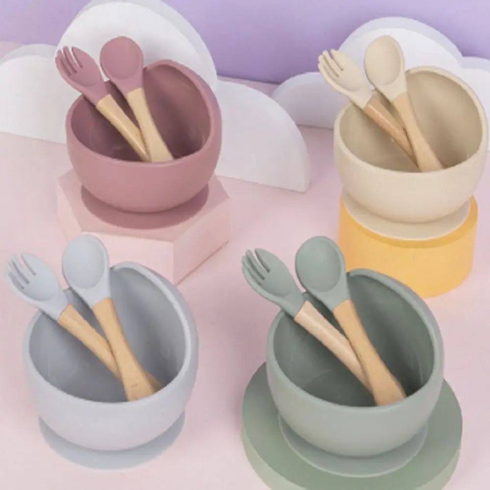 

Anti-Slip Silicone Baby Feeding Bowl Waterproof Food Grade Toddler Feeding Dishes with Spoon&Fork Solid Color Feeding Bowl Set