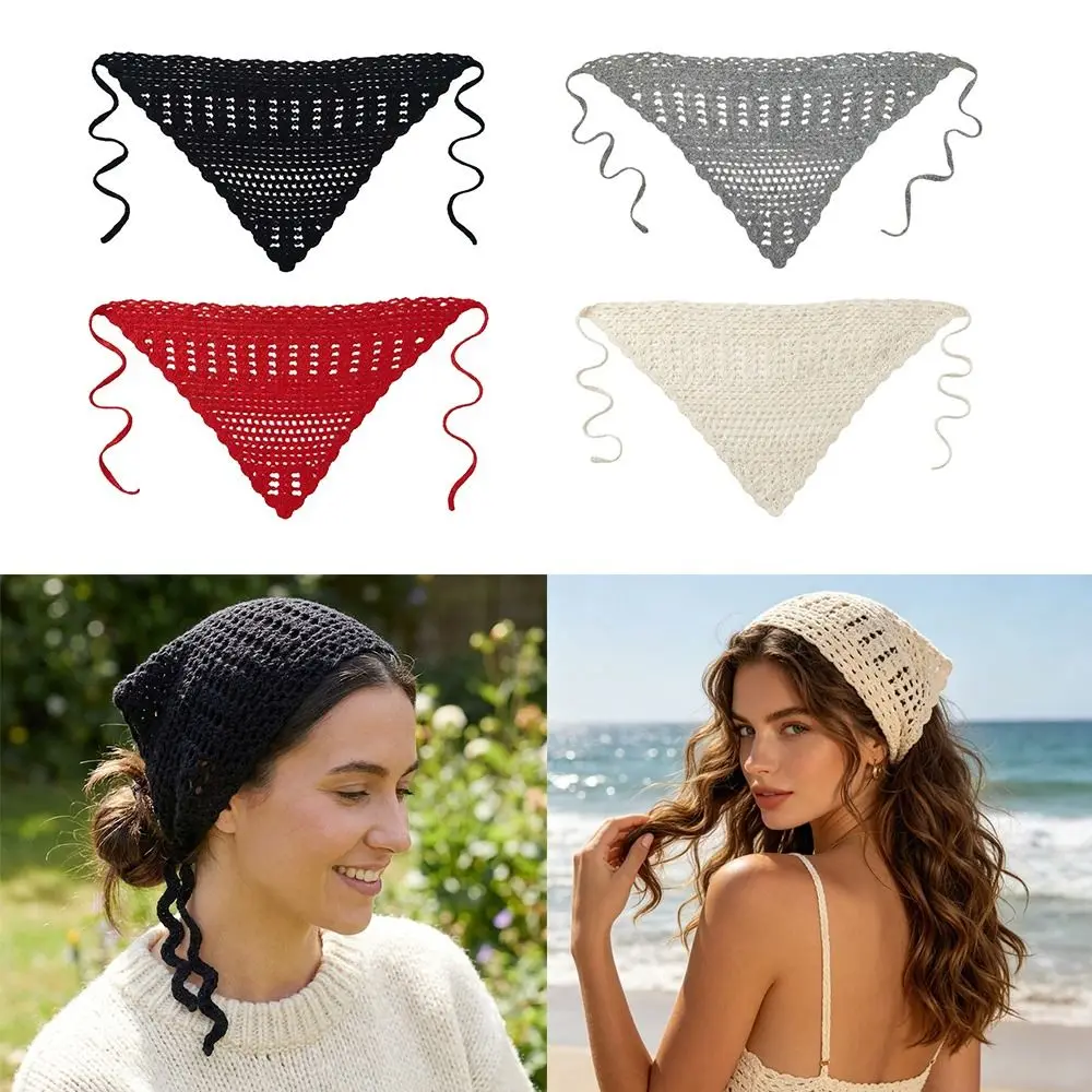 Sweet Hollow Out Knitted Headband Handmade Soft Crochet Headwrap Solid Color Triangle Headscarf Bandana Women