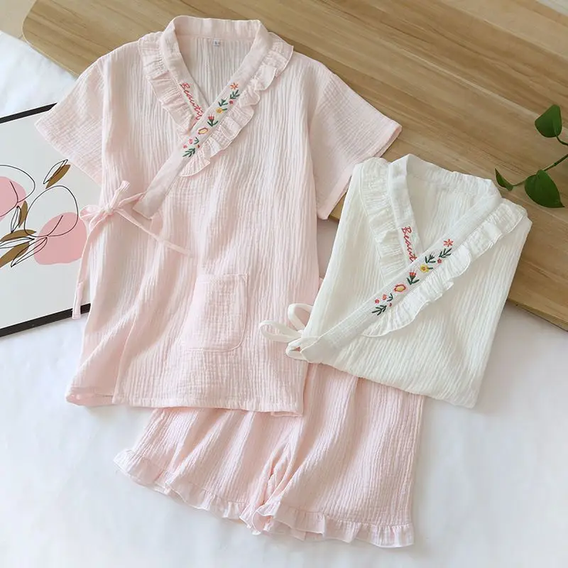 

Summer Pure Cotton Pajamas Women's Short Sleeved Shorts Japanese Style Kimono Gauze Sleepwear Set Sweet V-neck Loungewear Suit