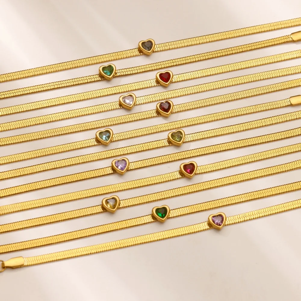 12 Monate Geburtsstein Herz-Armband für Frauen, Goldfarbenes Edelstahl-Flachketten-Armband, Trendiger Geburtstags-Sternzeichen-Schmuck – Detail 3