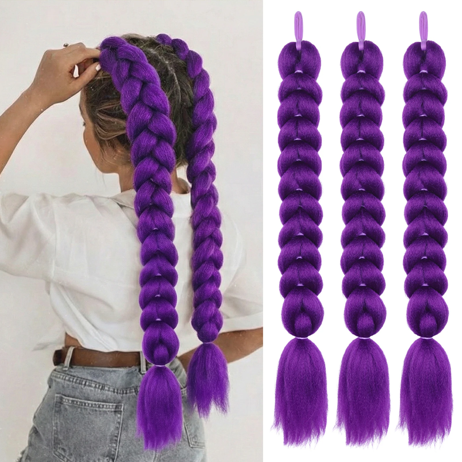 2Pcs Purple Braiding Ponytail Hair With Elastic Band ,24Inch Yaki Synthetic Braids Hair Extension Pre Stretched Cosplay Braids