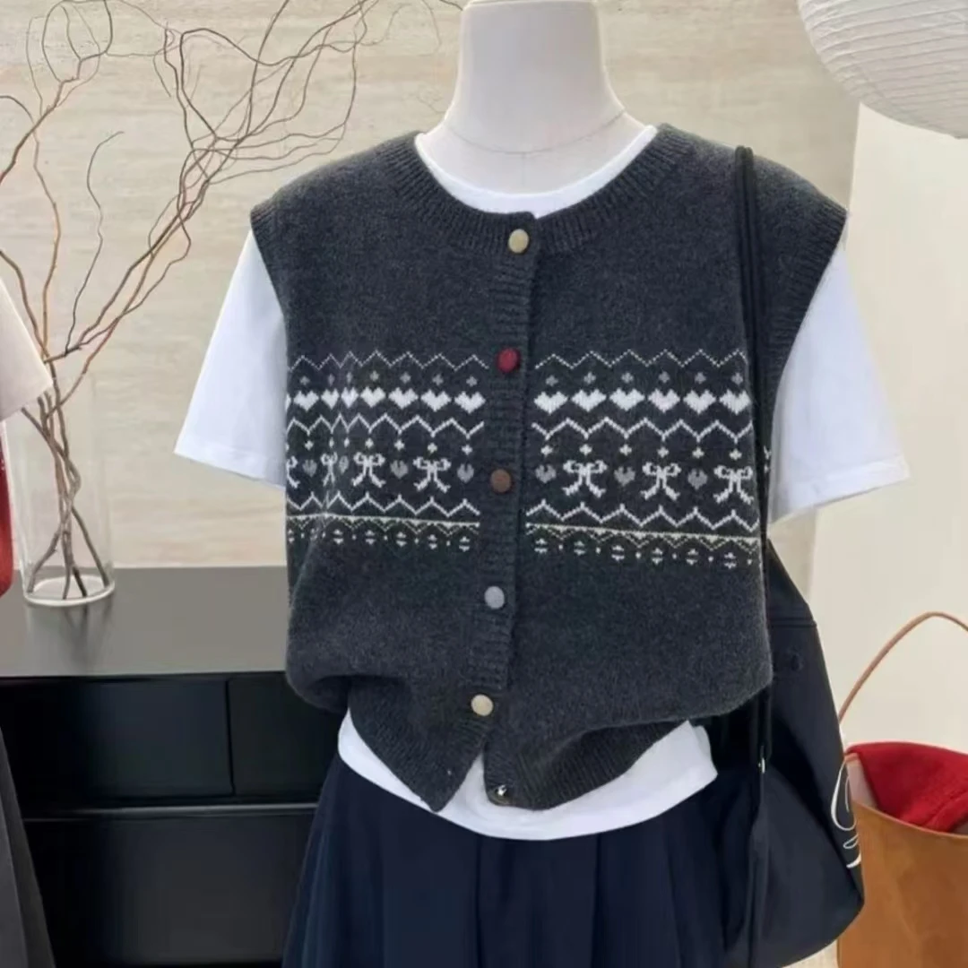 Retro Jacquard Knitted Cardigan Vest Women's Fall/Winter Cashmere Round Neck Lazy Wind Loose and Casual Stacked vest