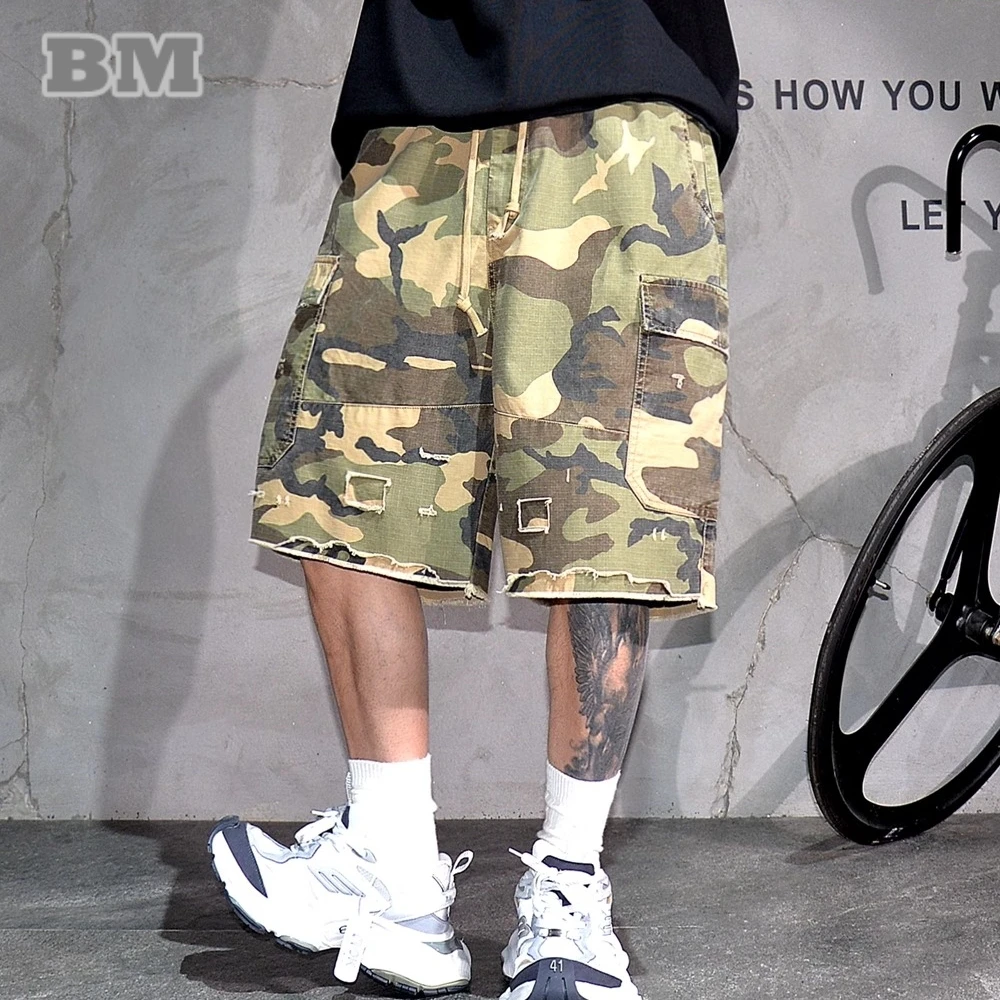 Mens Japanese Tactical Cargo Shorts Vintage Camo 5-Inch Distressed Oversized Summer Premium Straight Leg Streetwear Casual Pants