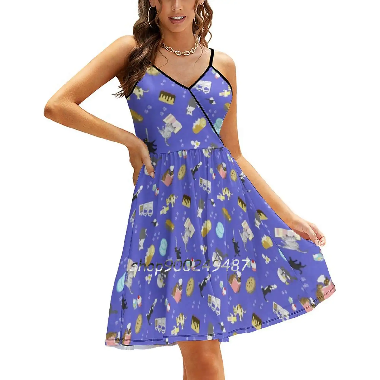 

Cats Baking Cakes And Other Sweets , In Blue Sling Dress Women Summer Printing Condole Belt Dresses Cat Kitty Kitten Baked