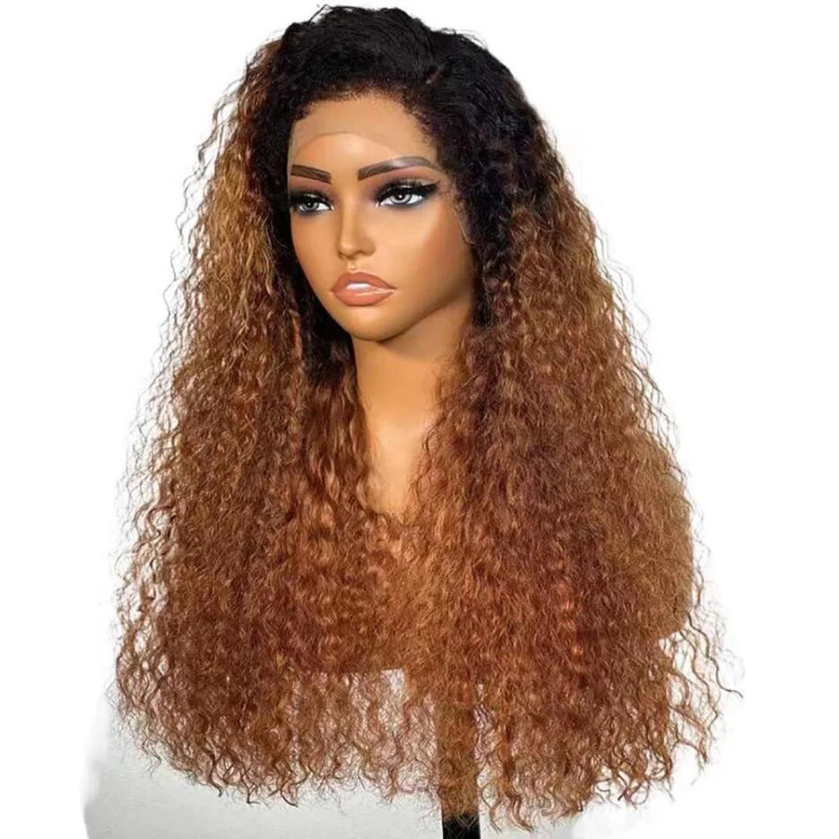

26Inch Ombre Brown Soft Long 180Density Glueless Kinky Curly Lace Front Wig For Women With Baby Hair Synthetic Preplucked Daily