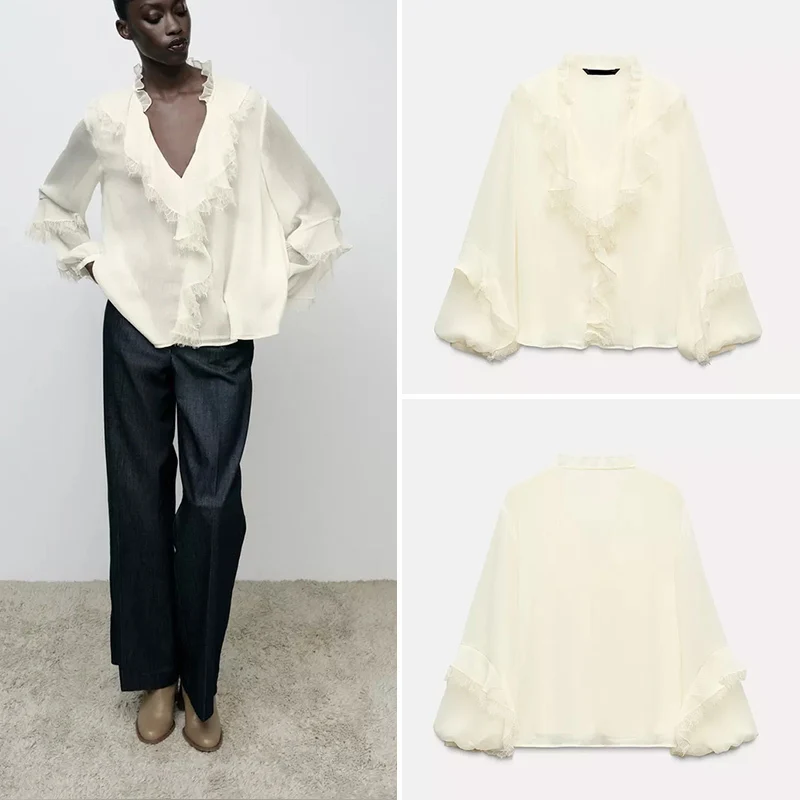 

Women's Long Sleeve V-Neck Shirt Multi-Buckle Decorative Layered Autumn 2024 Fashion Single-Row Button-Up Polyester Fiber
