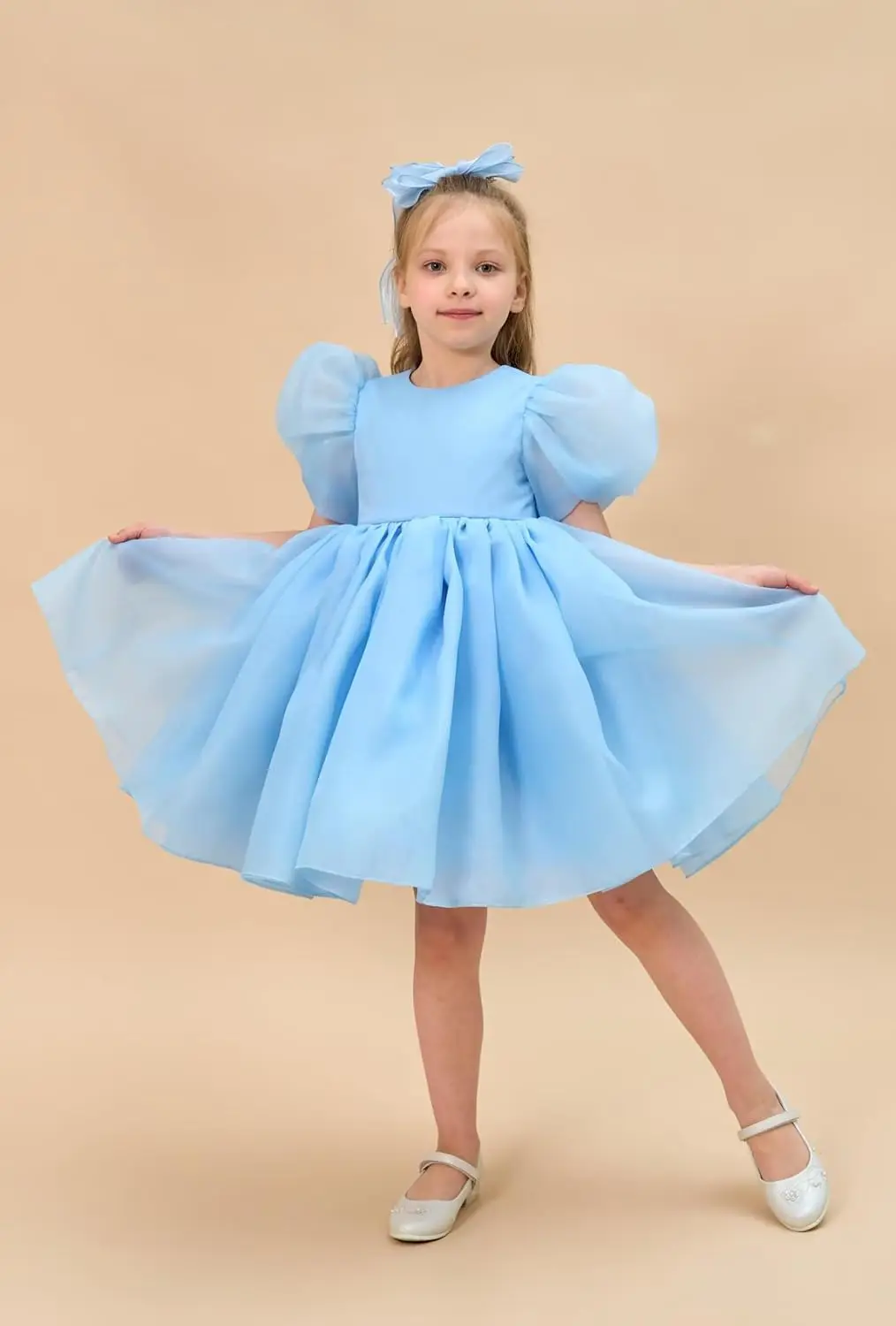 Girls Organza Flower Girl Dress with Puff Sleeves And Bow Back for Wedding Birthday Party Evening - Toddler Princess Dress