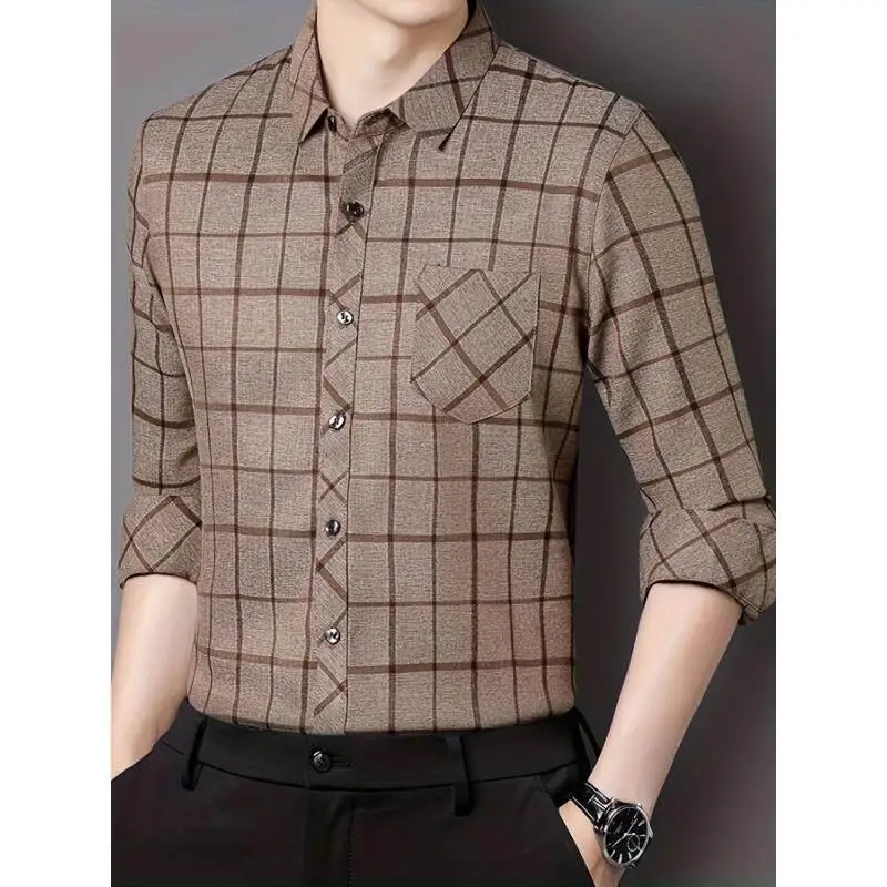 

Silk Linen Button Shirt Ultra Slim Fit PU Leather Three Quarter Sleeve Cuba Collar Men's Cleanfit Shirt Color Block Design