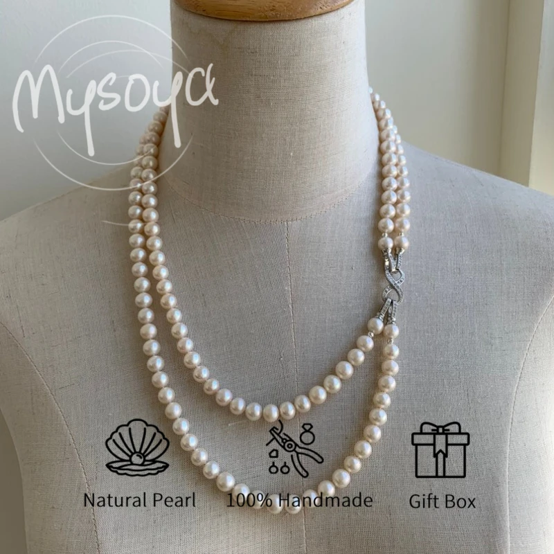 

MYSOYA двухслойное ожерелье из белого пресноводного жемчуга 7-8 мм с подарочной коробкой для нее/им на день рождения, свадьбу, День святого Валентина