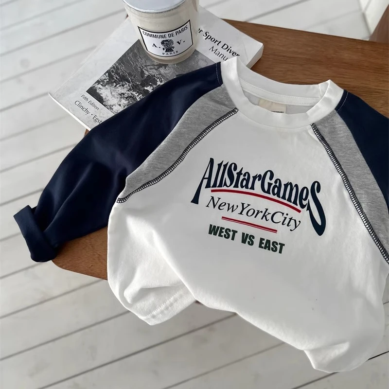 Kids Long Sleeve T-Shirt Color Block Base Layer Shirt Spring Autumn Unisex Fashionable Versatile Inner Wear Top Cotton Pure
