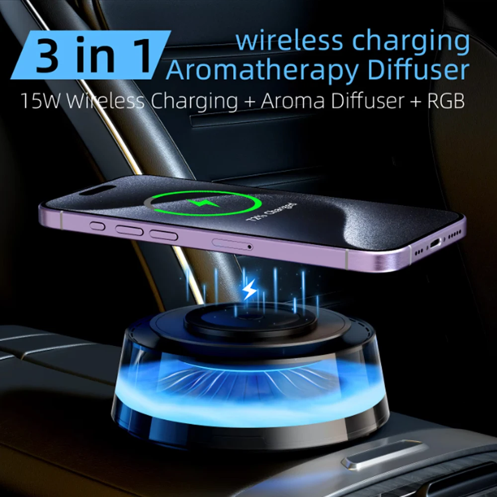 New Smart Car Aromatherapy Oil Diffuser Home Fragrance Wtih RGB Ambient Light 15W Wireless Charger for iPhone Samsung Xiaomi