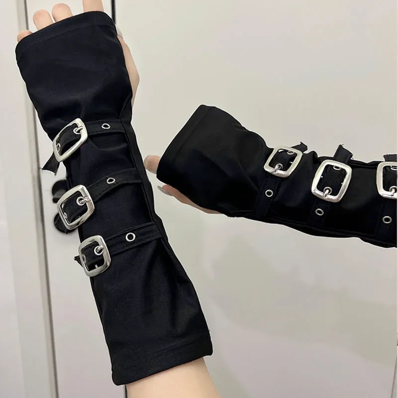 Puños con botones de Metal oscuro, pulsera gótica con medio dedo abierto, guantes, correa, calentador de brazo, funda de protección solar Punk Y2k para Halloween