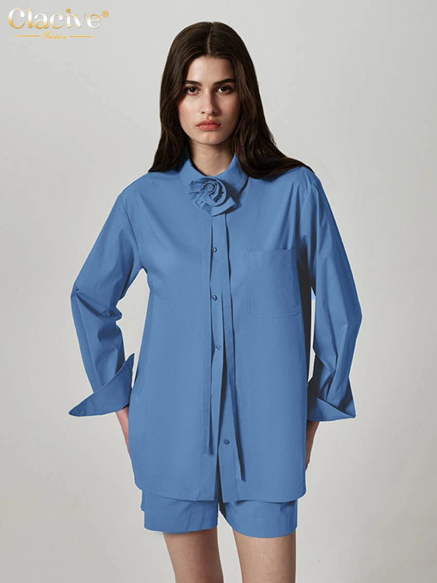 

Clacive Fashion Loose Blue Cotton Women Two Pieces Set 2025 Elegant Long Sleeve Shirt With High Waist Shorts Set Female Clothing