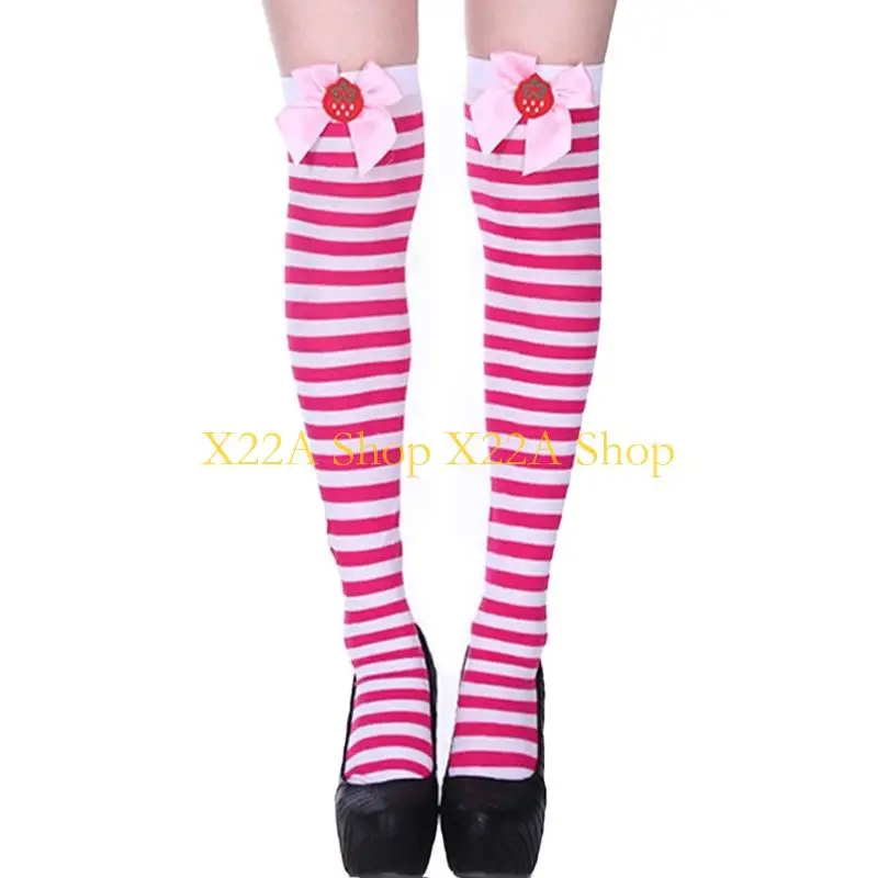 

Unique Women Strawberry Bows Long Socks Striped Thigh High Stockings for Festival Party