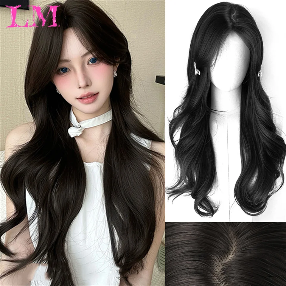 LM Long Synthetic Black Straight Wigs for Women Glueless Realistic Wig with Bangs Natural Layered Wig for Girls Daily Party