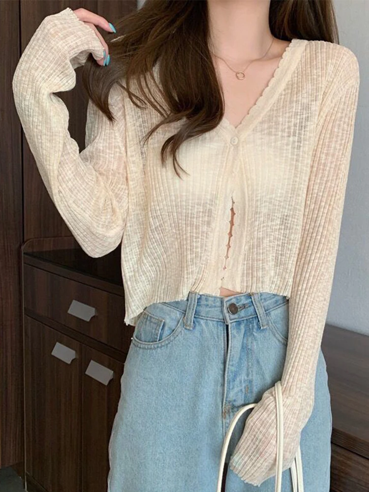 Thin Knitted Cardigans Women Summer V-Neck Long Sleeve Soft Transparent Sunscreen Outwear Female Korean Style Casual Crop Tops