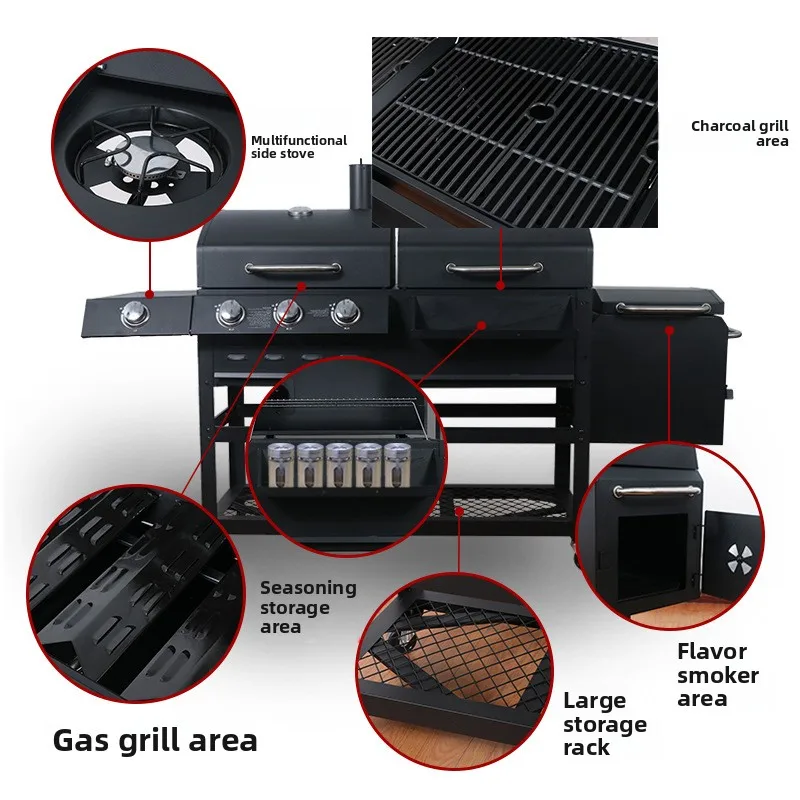 Американский уличный угольный гриль во дворе, газовый гриль, газовый и угольный гриль