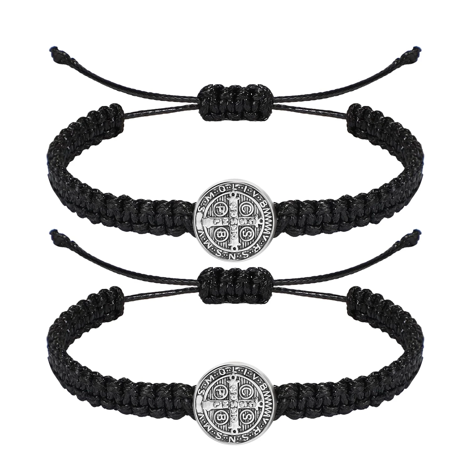 2 Pcs Catholic Saint Benedict Medal Bracelets Adjustable Black and Red String Bracelets Religious Jewelry Gifts for Men Women