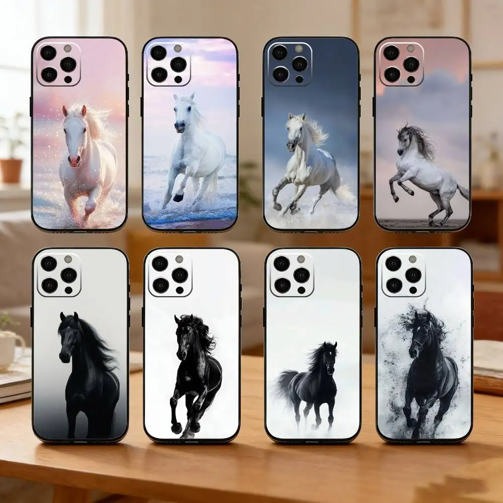

Black White Horses Phone Case For iPhone17,16,15,14,13,12 Plus,Max Soft Silicone Black Cover