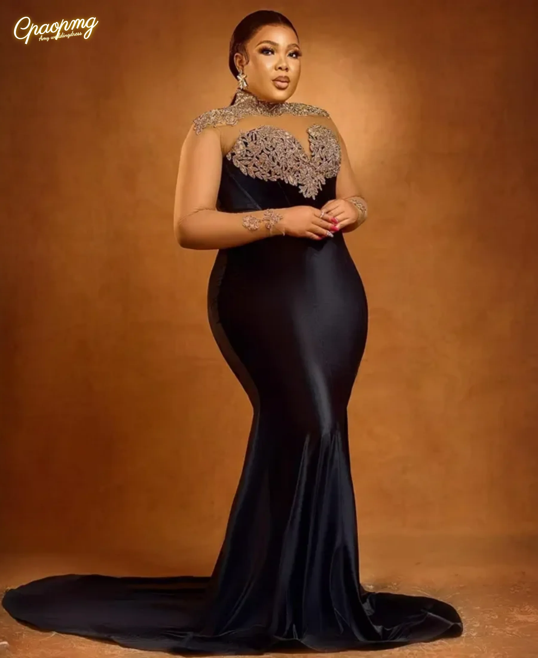 Customized Black Mermaid Gold Applique V-neck Invisible Long Sleeve Sexy Bag Buttock PROM Party Ladies Luxury Evening Dress