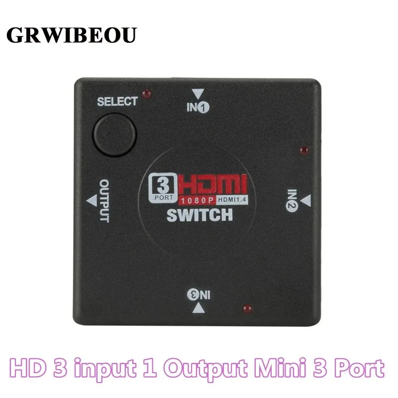 GRWIBEOU 3 Input 1 Output Mini 3 Port HDMI Switch Female to Female Switcher Splitter Box Selector for HDTV 1080P Video Switcher