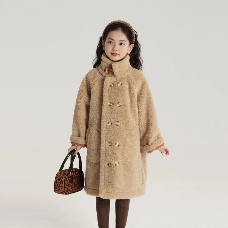 2025 Winter New Style Girls' Fleece Lined Reversible Velvet Coat with Thickened Faux Fur Warm Kids' Outdoor Winter Clothing