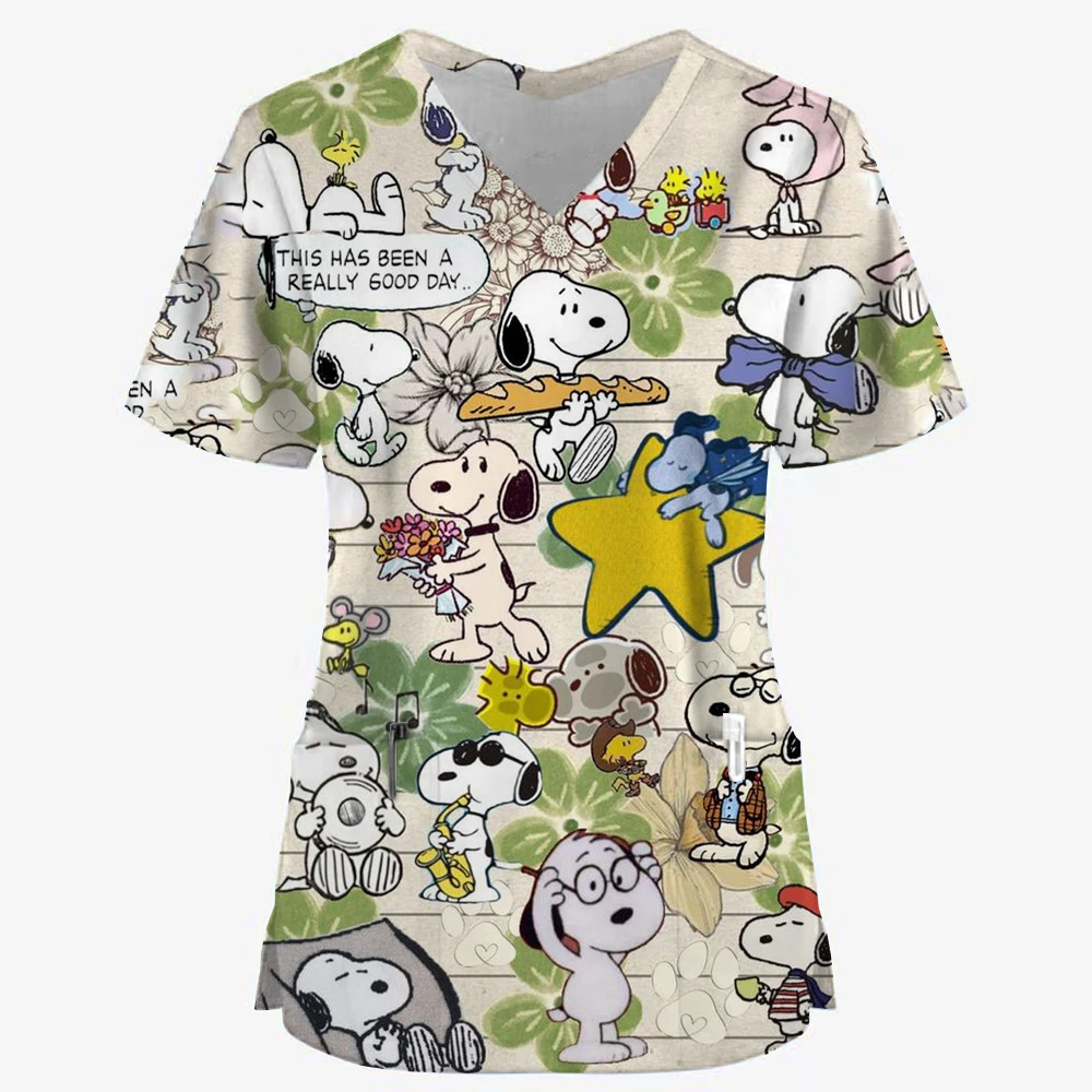 Snoopy print Scrubs Top Women Pockets V-Neck Scrub Uniforms Pet Grooming Nurse Spa Caring Shirt uniformes de enfermería para