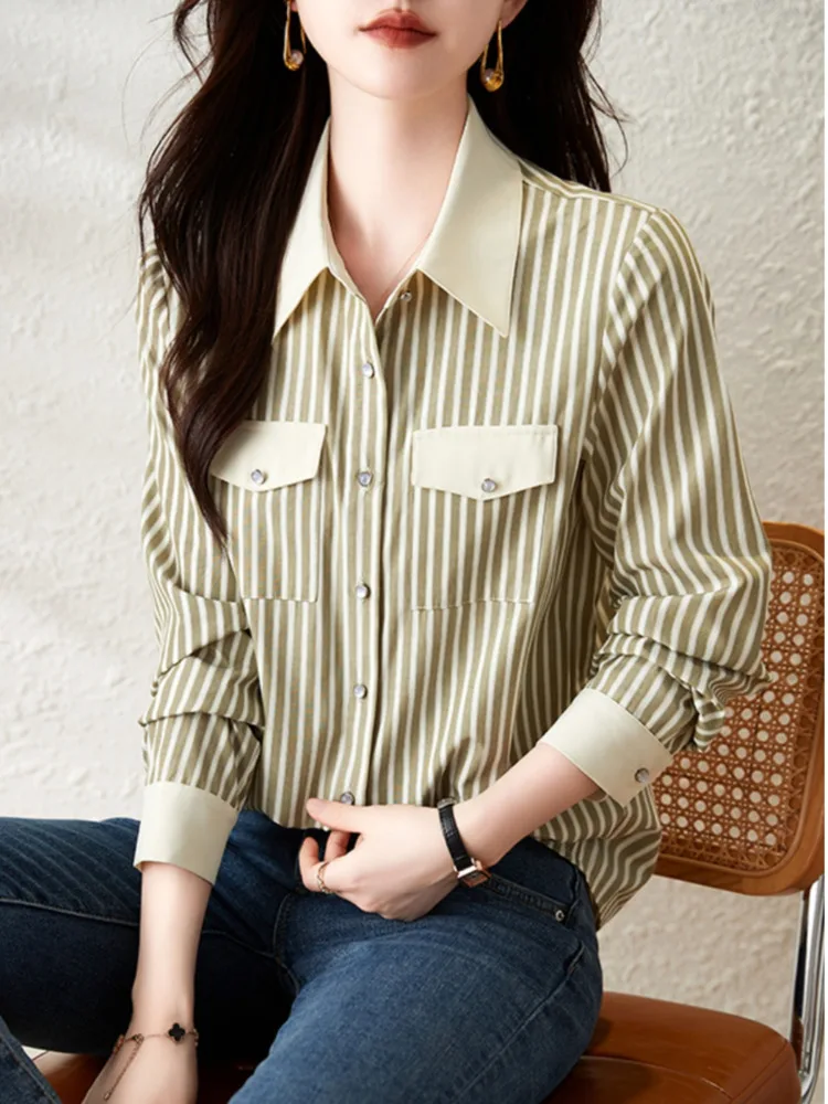 #3215 Vertrical Striped Shirt Women Long Sleeve Regular Fit Womens Tops And Blouses Single Breasted Shirt Pockets Spring Autumn