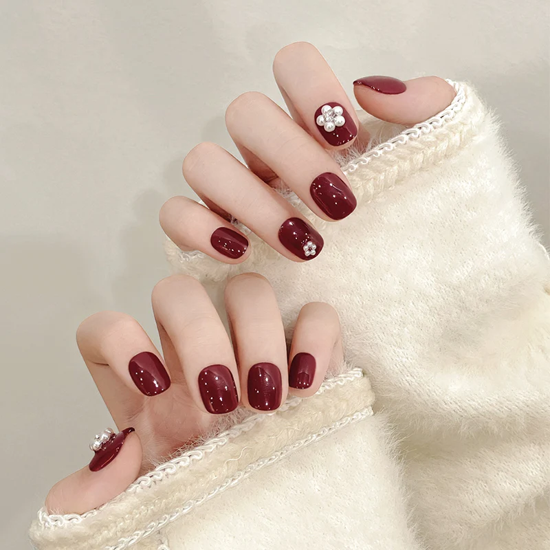 

10pcs Simple Wine Red Fake Nail with White Flower Mid-length Ballet Press on Nails Wearable Full Cover Nail Tips uñas press on