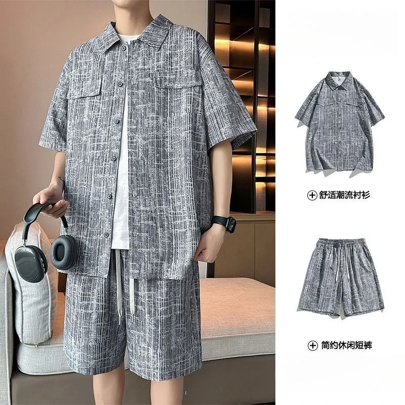 Men's Set Half Sleeve Shirt+ 5 Points Shorts Casual Youth Streetwear Drawstring Shorts Cardigan Sports Beach Hawaii Men Clothing
