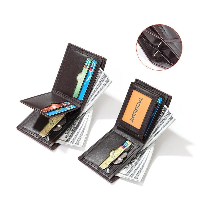 محفظة رجالية قصيرة على طراز الأعمال، ملمس عتيق مع شعار معدني، جودة تجارية عبر الحدود متوفرة في المخزون