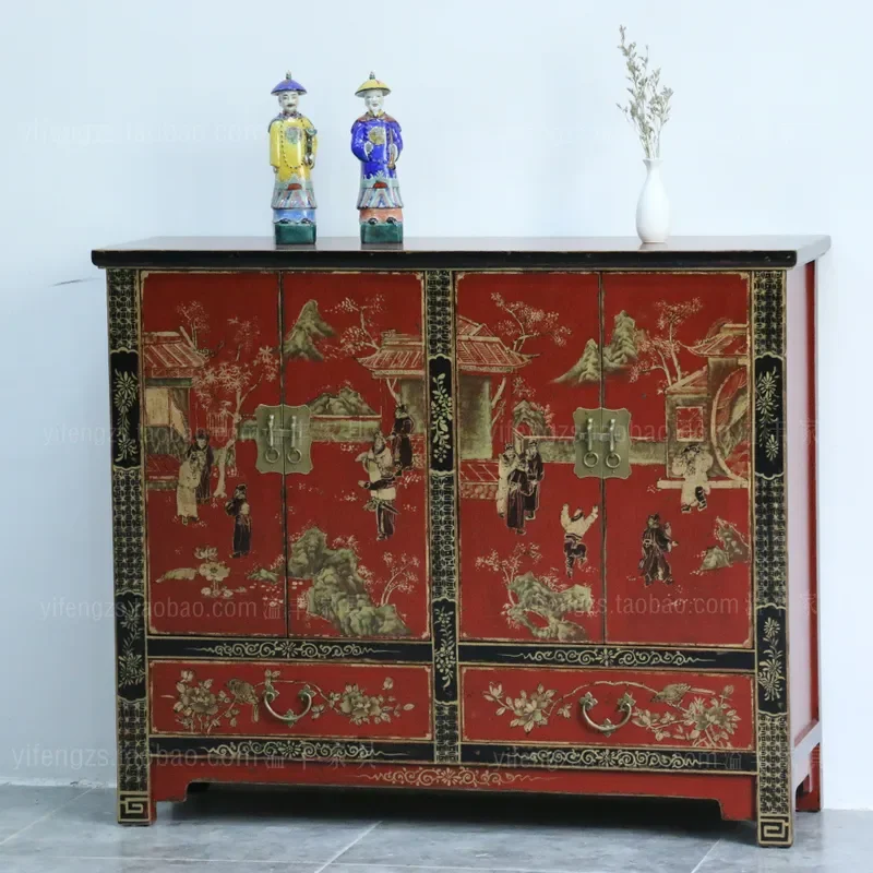 Modern New Chinese Retro Solid Wood Hand Painted Entrance Shoe Cabinet Antique Storage Corridor Furniture Gold Accent Decor