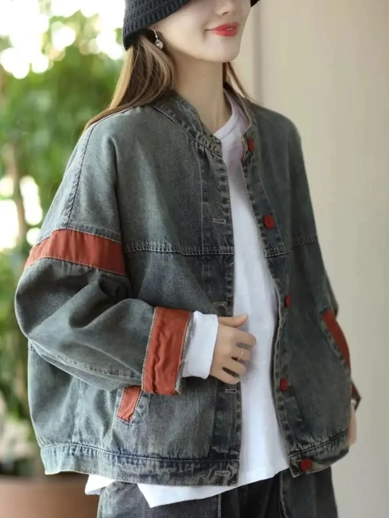

Women's Outerwear 2025 Spring and Autumn New Style Loose Art Retro Color blocked Making Old Washed Cowboy Jacket Cardigan Top WF