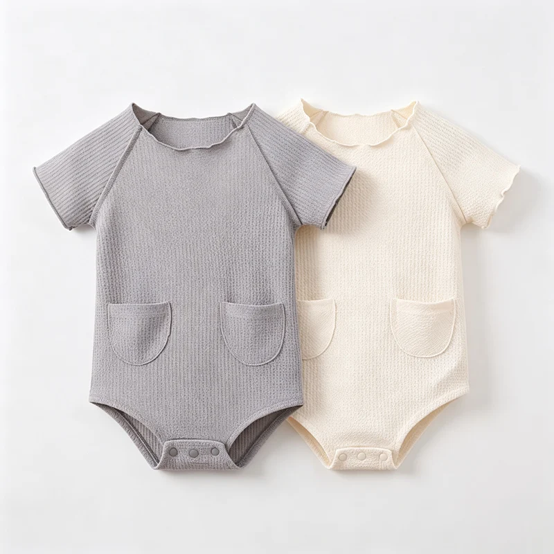 2 Pieces of Baby Short-Sleeved Rompers, Pure Color Waffle Fabric, Suitable for Daily Wear, 0-2 Years Old 3