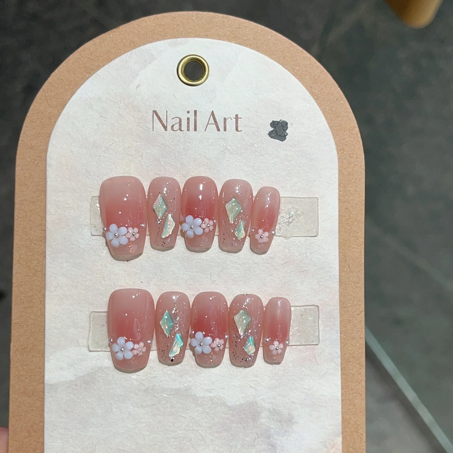 Faux ongles en acrylique faits à la main avec diamant brillant, nail art Everisonne, doux, ballerine, floral mignon, rose, blush, pointe, N64, 3D, 10 pièces