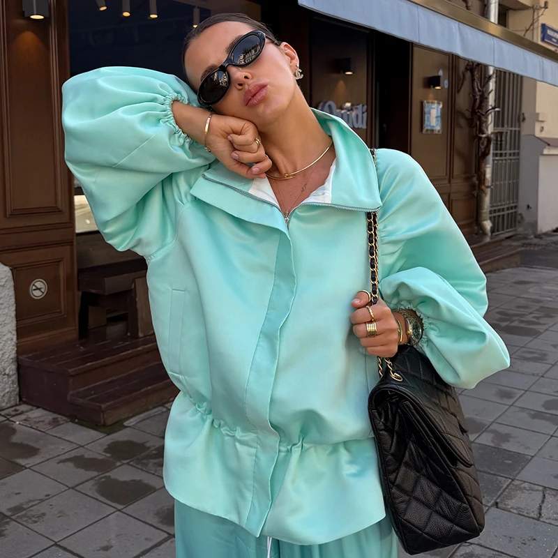 Übergroße, taillenbetonte, glänzende Oberflächenmäntel für Damen, Street-Style, Stehkragen, Laternenärmel, einfarbige, lockere Jacken, schicke Oberbekleidung – Detail 23