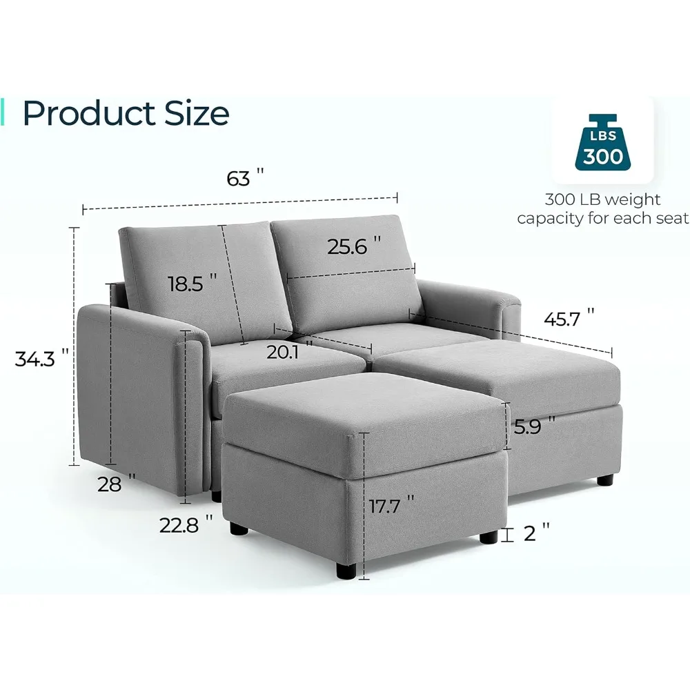 Modular Sectional Sofa, Convertible Couch with Storage, Memory Foam, Modular Couch Set with Ottomans, Small Loveseat