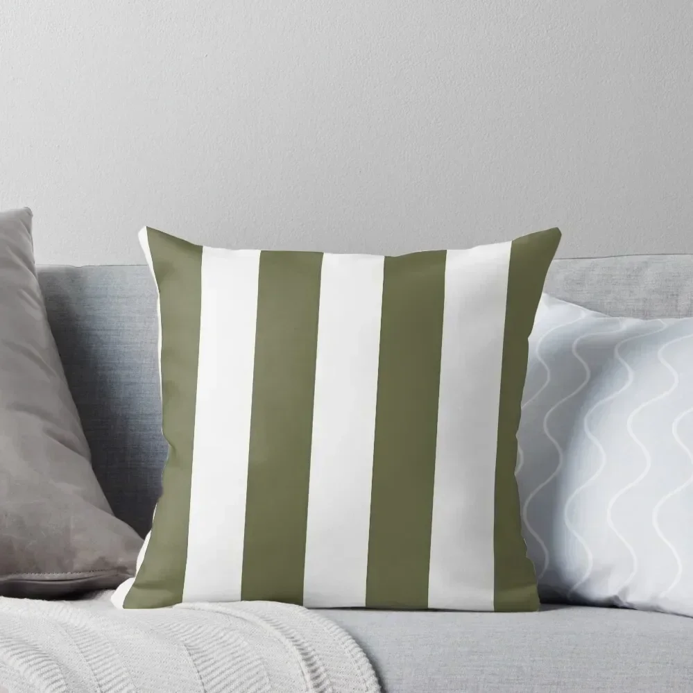 Dark Green and White Vertical Stripe Pattern Pairs 2022 Trending Color - Hue - Shade Pantone Olive Branch 18-0527 Throw Pillow