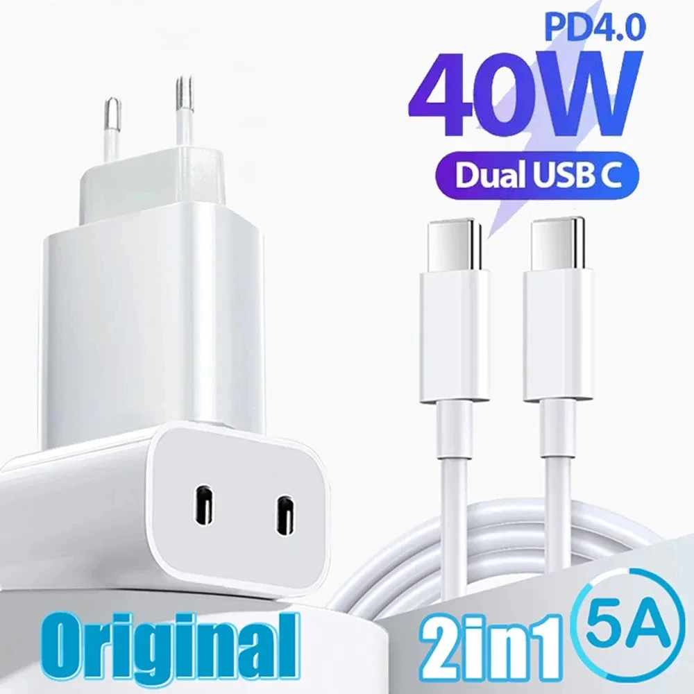 40W USB C Charger Dual PD Fast Charging Adapter For IPhone 15 14 13 Samsung Xiaomi 14 Oppo Phone Charger EU/US Quick Charge Head