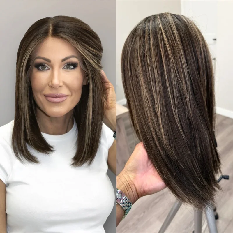 

Короткий прямой парик-боб омбре темно-коричневого цвета с блондинистыми прядями, синтетический, с HD-кружевной передней частью, предварительно проработанной линией роста волос, без клея