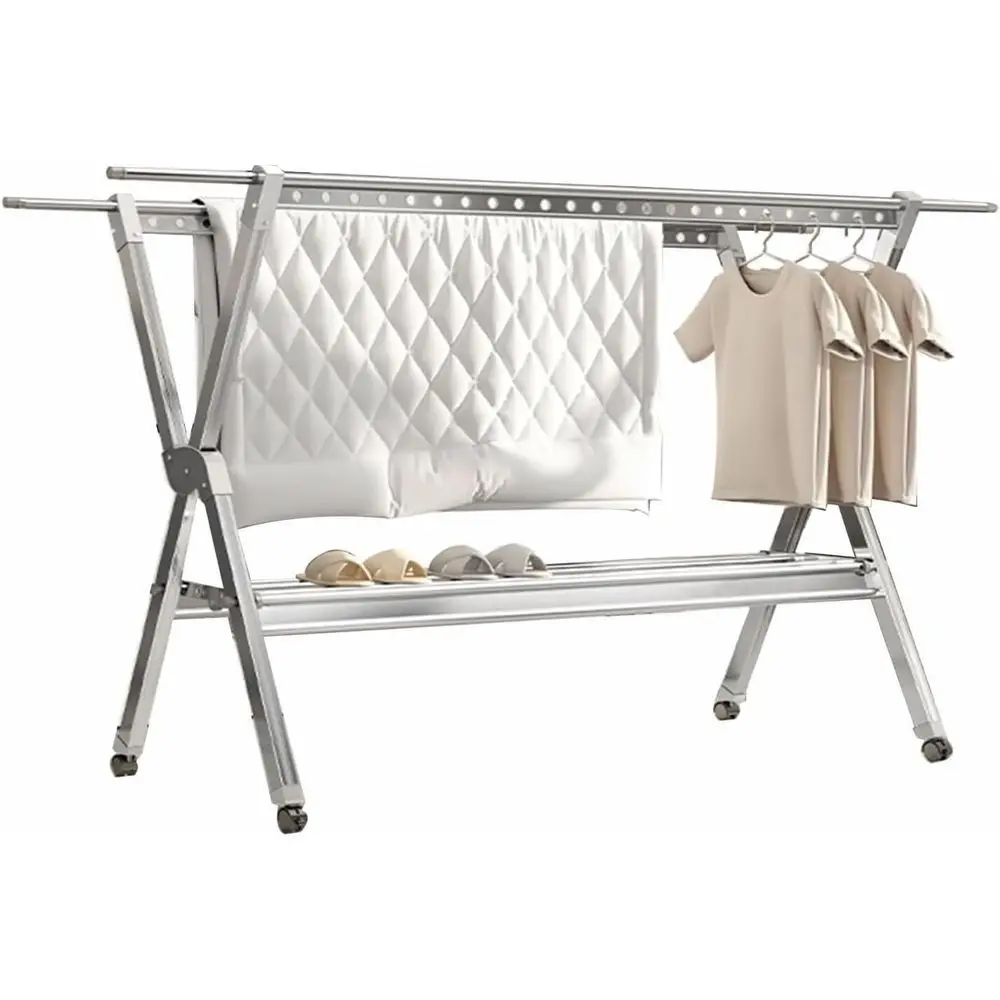 

Портативная алюминиевая складная сушилка для одежды для внутреннего и наружного использования с 4 роликами и вешалкой для одежды