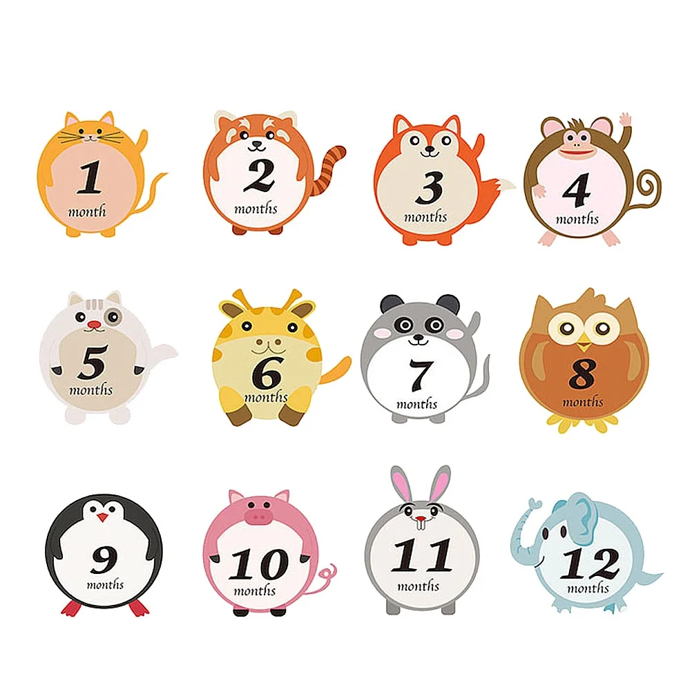 

12pcs Month Stickers Baby Development Decals Infant Photo Props Decor Keepsake Baby Shower Party Favors Cartoon Animal Design