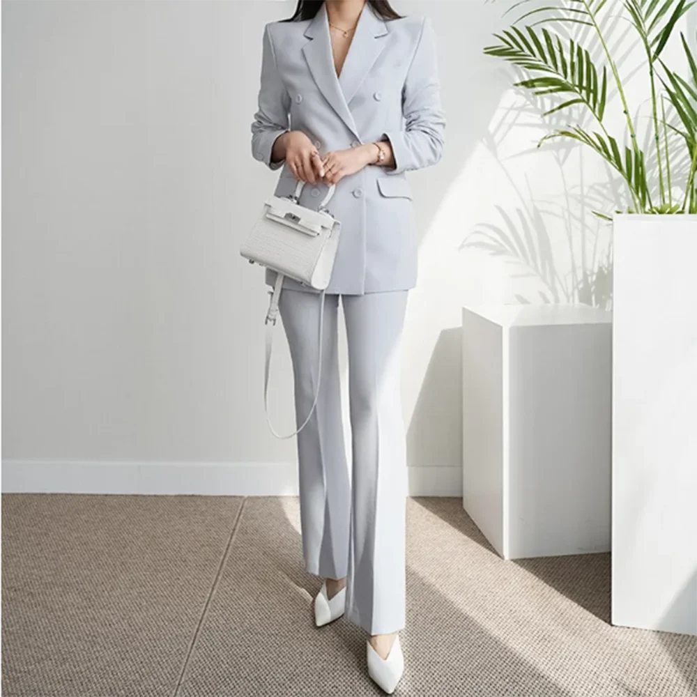 Elegant White Gray Suit for Women Double Breasted 2 Piece Jacket Pants Female Clothing Slim Fit Formal Office Lady Blazer Set